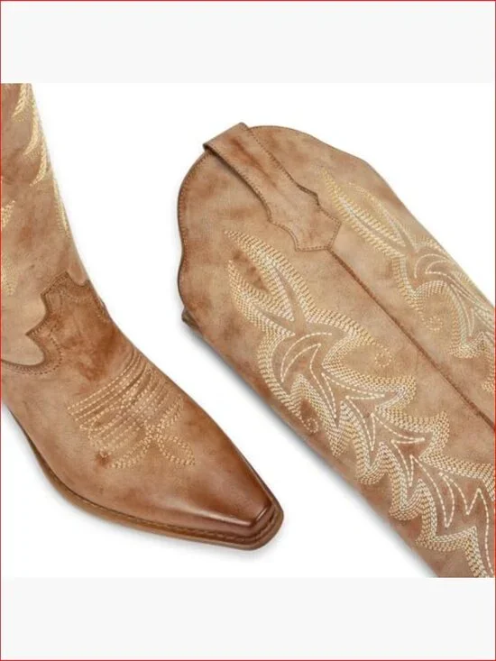 Vintage Western Knee-High Boots with Embroidery, Faux Leather, Block Heel - Picture 2 of 7